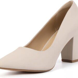 Women's Classic Pumps Nude Nubuck 3 Inch Chunky Heels Office Wedding